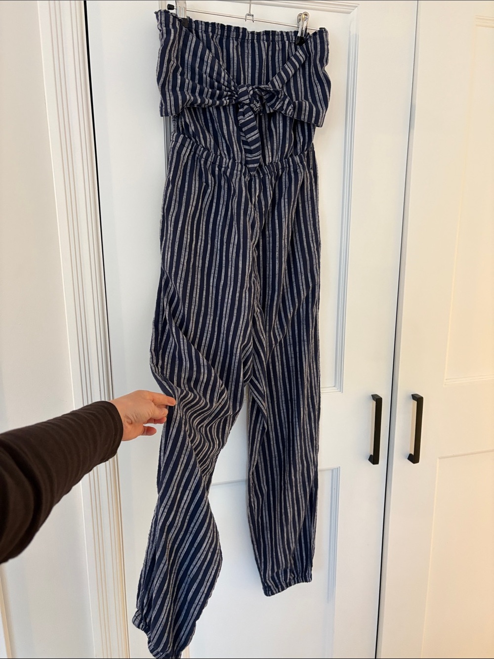 Aerie Navy and White Striped Strapless Jumpsuit with Cute Tie Bust - Picture 3 of 11